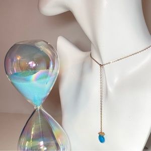 Yellow Gold Long Y Shaped Lariat Necklace with Blue Turquoise Pendant